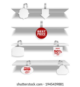 Shelves with wobbler. Realistic discount tags hanging on store rack. 3D advertising promotional label attached with plastic stripe. Vector retail furniture with blank or sale stickers