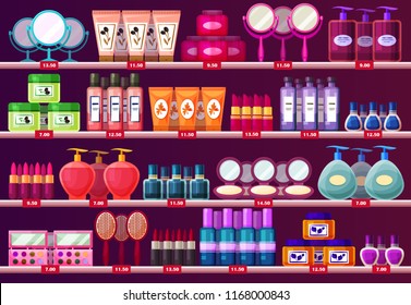 Shelves with woman cosmetic, beauty salon showcase