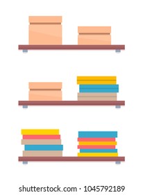 Shelves in women shopping store boxes with apparel for females, packed garment in boxes, shop window in clothing store vector illustration isolated