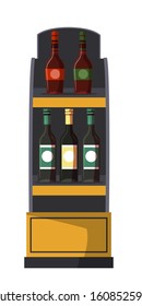 Shelves wooden rack bar, cafe and cellar isolated on white. Alcoholic drinks in different glass bottle. Shop showcase. Alcohol beverages presentation and tasting. Vector flat cartoon illustration