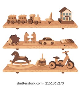 Estantes con juguetes y juegos de madera, ilustración vectorial plana aislada en fondo blanco. Juego de juegos de madera artesanal retro, incluyendo animales de juguete y coches.