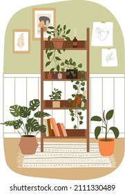 Shelving with books, indoor plants in Scandinavian interior and stylish decor. Flat-style illustration isolated against a white background. Cosy furnished room