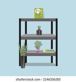 Shelving with books, indoor plants in Scandinavian interior and stylish decor. Flat-style illustration isolated against a white background. Cosy furnished room