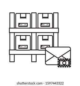 shelving with boxes packing postal service vector illustration design