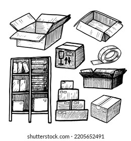 shelving and boxes vector icon set on white background
