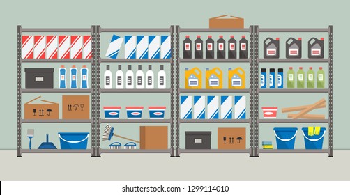 Shelving with household goods. Warehouse racks. Storeroom. There are cardboard boxes, buckets, brushes, bottles and other things in the picture. Vector illustration