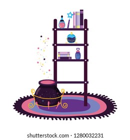 shelving with magic potion bottles and witch cauldron