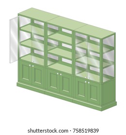 Shelving with open and closed doors. Isometric 3d furniture for office, apothecary or store.