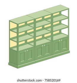 Shelving with open and closed doors. Isometric 3d furniture for office, apothecary or store.