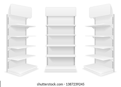 shelving rack for store trading with a sign to advertise goods and products empty template for design stock vector illustration isolated on white background