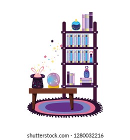 shelving and table with magic potion bottles