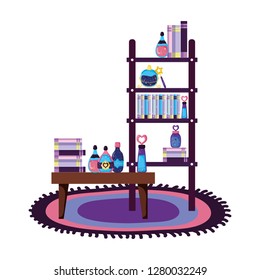 shelving and table with magic potion bottles