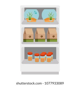 shelving of veterinary store with aquariums and products