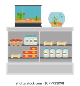 shelving of veterinary store with aquariums and products