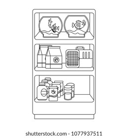 shelving of veterinary store with aquariums and products
