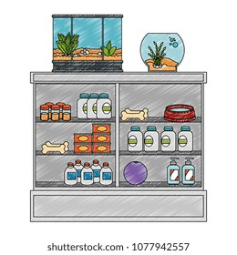 shelving of veterinary store with aquariums and products