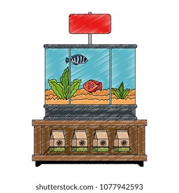 shelving of veterinary store with aquariums and products