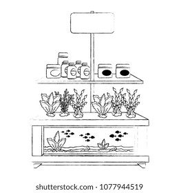 shelving of veterinary store with aquariums and products