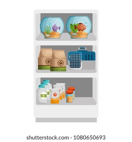 shelving of veterinary store with aquariums and products