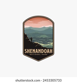 Shenandoah National Park logo patch badge illustration, hiker on beautiful mountain range scenery design