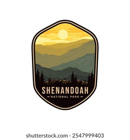 Shenandoah National Park logo patch badge illustration, hiker on beautiful mountain range scenery design