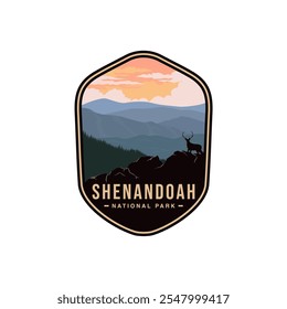 Shenandoah Nationalpark Logo Patch-Button Illustration, Wanderer auf schönen Bergkette Landschaft Design