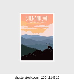 Shenandoah National Park poster illustration, hiker on beautiful mountain range scenery poster design
