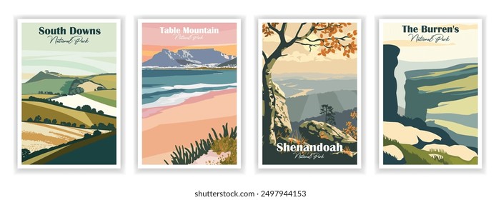 Shenandoah, South Downs, Table Mountain, The Burren, Parque Nacional, Antiguas Travel Posters Set, Viajes Abstractas, Ilustración vectorial