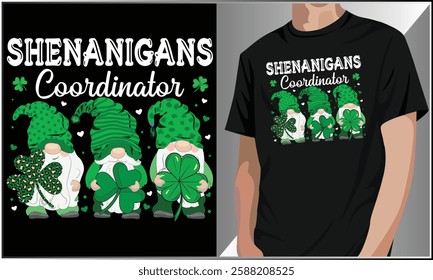 Shenanigans Coordinator St Patrick's Day Shirt, St Patty's Day Shirt, St Patrick's Day T-shirt Design, Shamrock Gnome Vector, Cute Gnome Design.