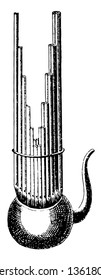 Sheng is fitted with a small free reed of copper, vintage line drawing or engraving illustration.