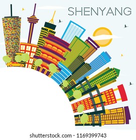 Shenyang China City Skyline with Color Buildings, Blue Sky and Copy Space. Vector Illustration. Business Travel and Tourism Concept with Modern Buildings. Shenyang Cityscape with Landmarks.