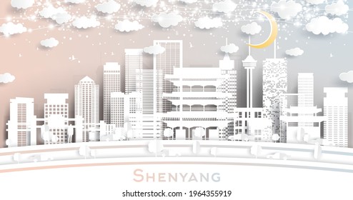 Shenyang China City Skyline in Paper Cut Style with White Buildings, Moon and Neon Garland. Vector Illustration. Travel and Tourism Concept. Shenyang Cityscape with Landmarks.