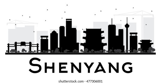 Shenyang City skyline black and white silhouette. Vector illustration. Simple flat concept for tourism presentation, banner, placard or web site. Business travel concept. Cityscape with landmarks