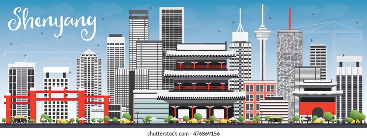 Shenyang Skyline with Gray Buildings and Blue Sky. Vector Illustration. Business Travel and Tourism Concept with Modern Buildings. Image for Presentation Banner Placard and Web Site.
