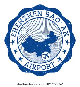 Shenzhen Bao'an Airport stamp. Airport of Shenzhen round logo with location on China map marked by airplane. Vector illustration.