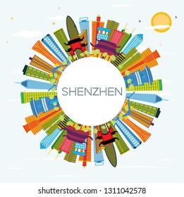Shenzhen China City Skyline with Color Buildings, Blue Sky and Copy Space. Vector Illustration. Business Travel and Tourism Concept with Modern Architecture. Shenzhen Cityscape with Landmarks.