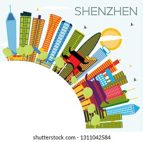 Shenzhen China City Skyline with Color Buildings, Blue Sky and Copy Space. Vector Illustration. Business Travel and Tourism Concept with Modern Architecture. Shenzhen Cityscape with Landmarks.