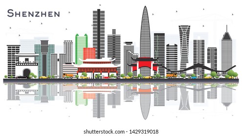 Shenzhen China City Skyline with Color Buildings and Reflections Isolated on White. Vector Illustration. Travel and Tourism Concept with Modern Architecture. Shenzhen Cityscape with Landmarks. 