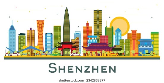 Shenzhen China City Skyline with Color Buildings isolated on white. Vector Illustration. Business Travel and Tourism Concept with Modern Architecture. Shenzhen Cityscape with Landmarks.