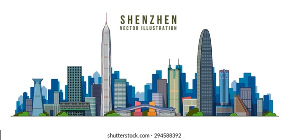 Shenzhen, China city of skyscrapers in the administrative center of the district. vector illustration in flat style.