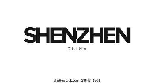 Shenzhen in the China emblem for print and web. Design features geometric style, vector illustration with bold typography in modern font. Graphic slogan lettering isolated on white background.