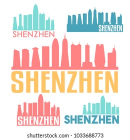 Shenzhen China Flat Icon Skyline Vector Silhouette Design Set