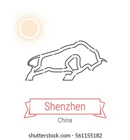 Shenzhen (China) flat style thin line icon with an inscription on a ribbon banner with the sun in the background. Shenzhen logo, landmark, vector symbol. Charging Bull Statue pictogram.