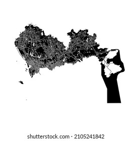 Shenzhen, China, high resolution vector map with city boundaries, and editable paths. The city map was drawn with white areas and lines for main roads, side roads and watercourses on a black
