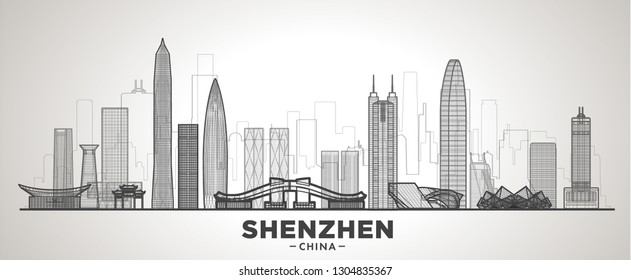 Shenzhen China line skyline with panorama in sky background. Vector Illustration. Business travel and tourism concept with modern buildings. Image for banner or web site.