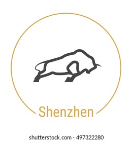 Shenzhen (China) outline icon with caption. Shenzhen City logo, landmark, vector symbol. Illustration of Shenzhen isolated on white background. Shenzhen Sculpture of Pioneering Bull.