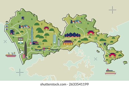 Shenzhen city flat map design, Shenzhen is one of the big cities in China which is a technology center and trading center along with Hong Kong in the south