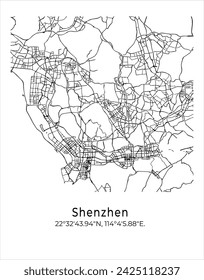 Shenzhen city map. Travel poster vector illustration with coordinates. Shenzhen, China Map in light mode.