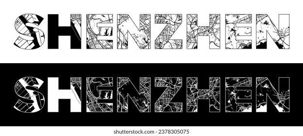 Shenzhen City Name (China, Asia) with black white city map illustration vector