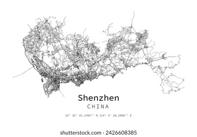 Shenzhen city vector map poster. China municipality  linear street map,vector image for marketing ,digital product ,wall art and poster prints.